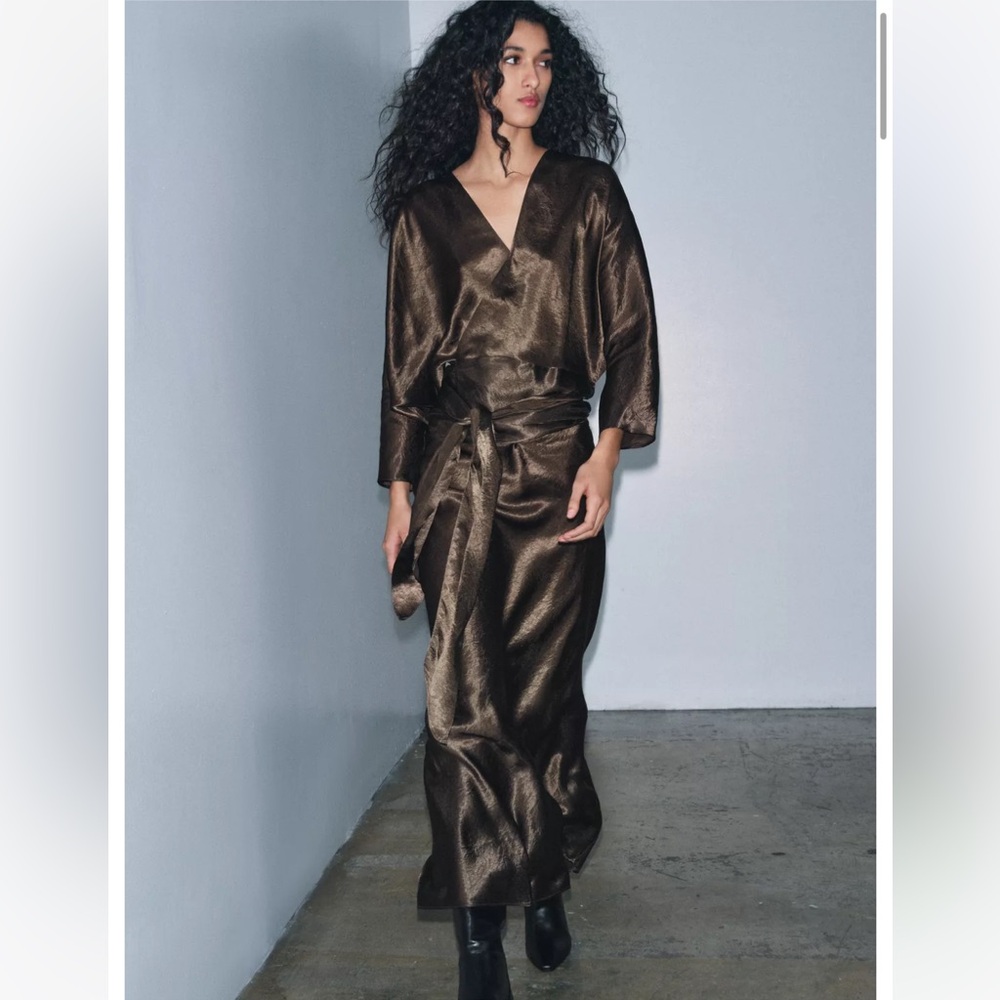Zara NWT ZW Collection satin effect wrap dress brown 9780/063